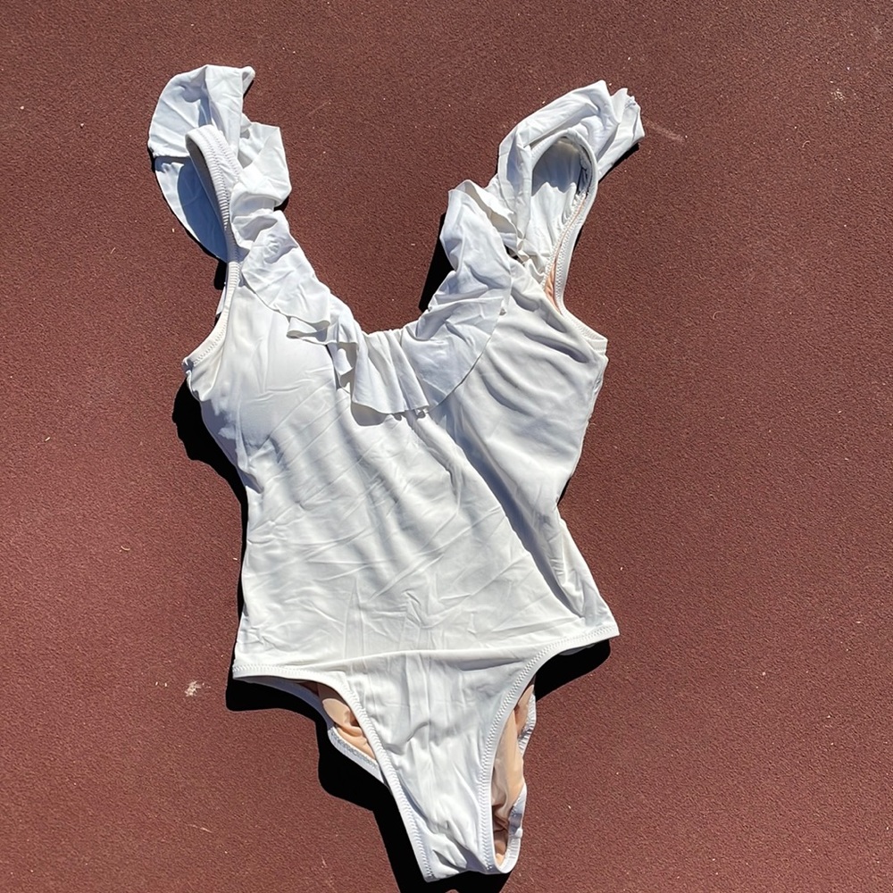 White ruffle J Crew one piece swimsuit